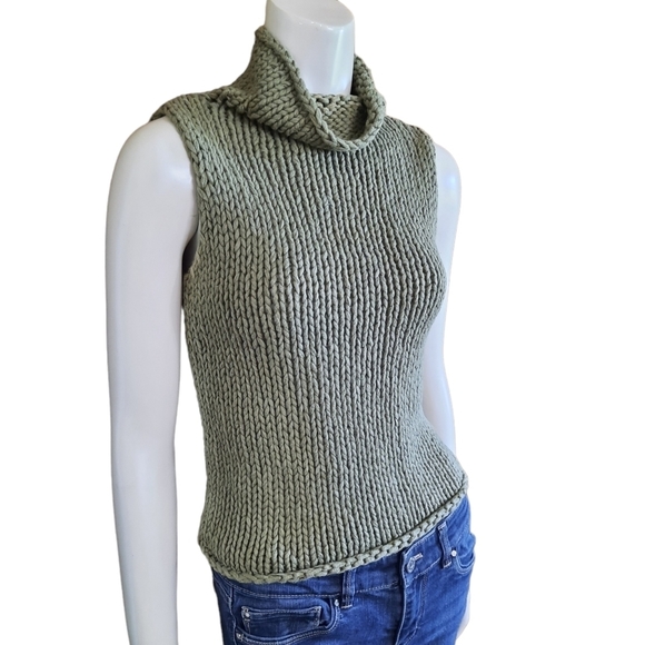 Vintage 90s Y2K Hand Knit Sweater XS Olive Green Sleeveless Chunky - Picture 1 of 5